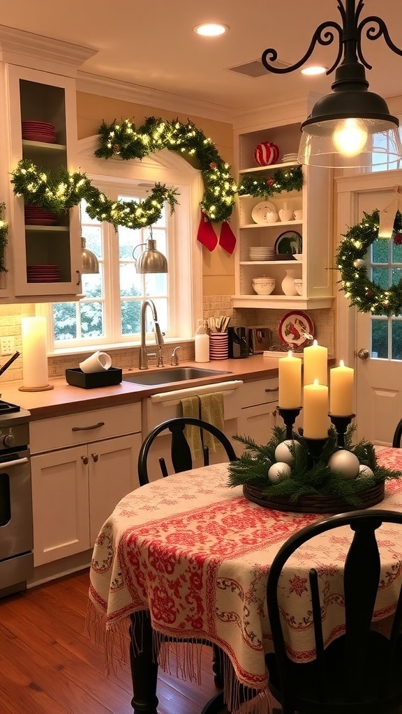 Festive Kitchen Christmas Decor Ideas A festive kitchen decorated for Christmas with garlands, lights, and holiday dishware.